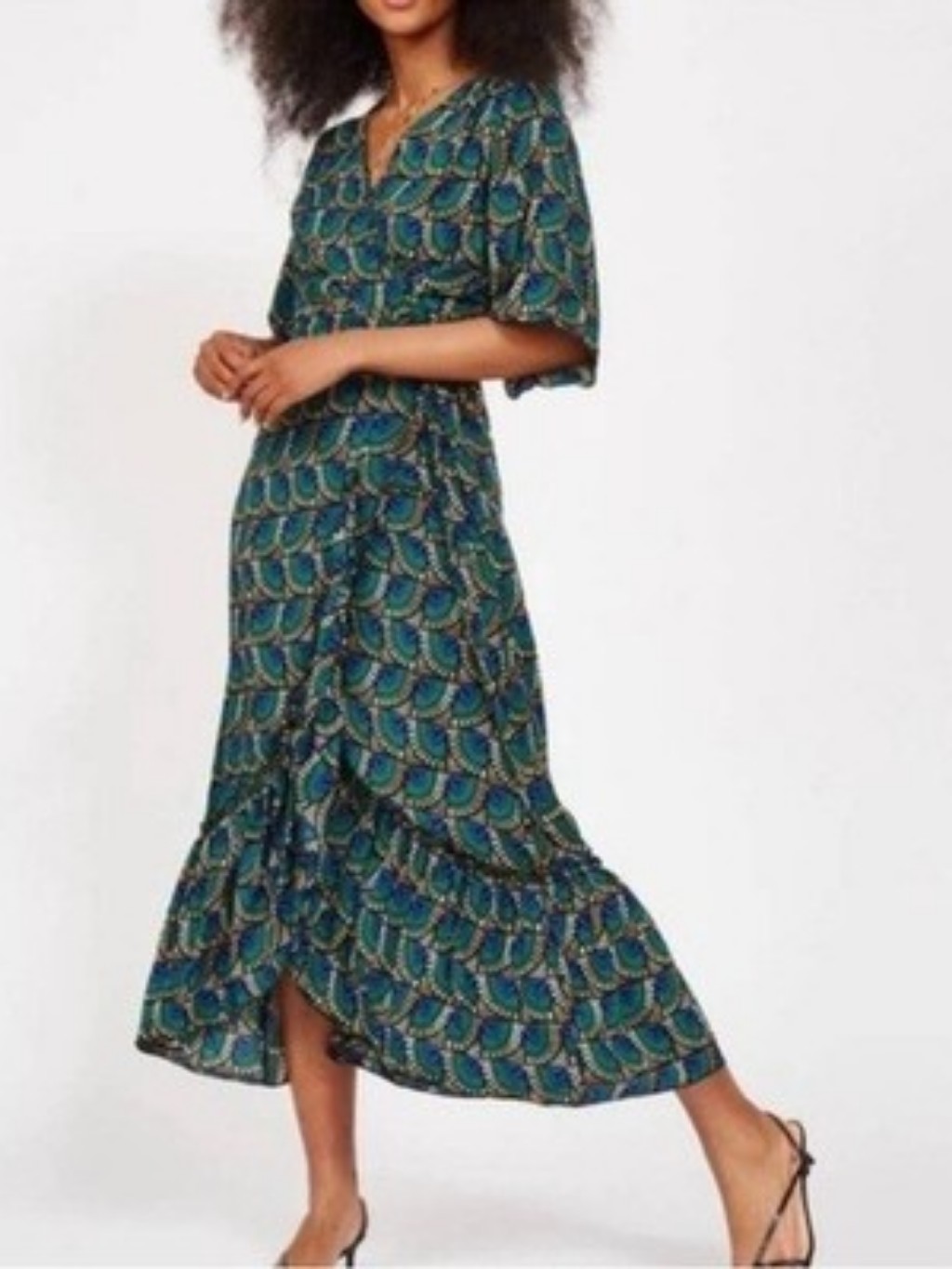 Silk & Salt Nwot Journey Maxi Midi Peacock Print Ruffle Wrap Dress Size Small